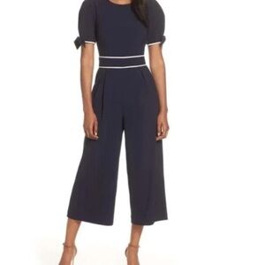 Womens New Eliza J Navy Cropped Jumpsuit with White Accents